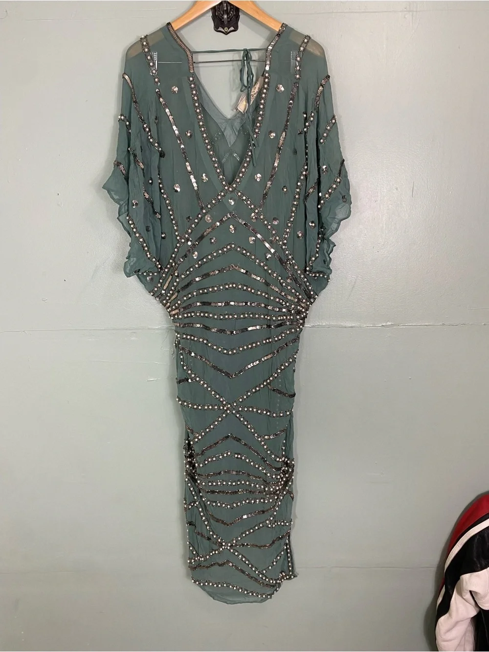 Free People Jens Pirate Booty Space Odyssey Kaftan Green Embellished Beaded XS/S